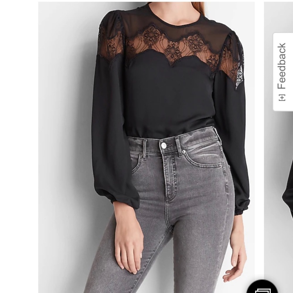 Lace neckline balloon sleeve top